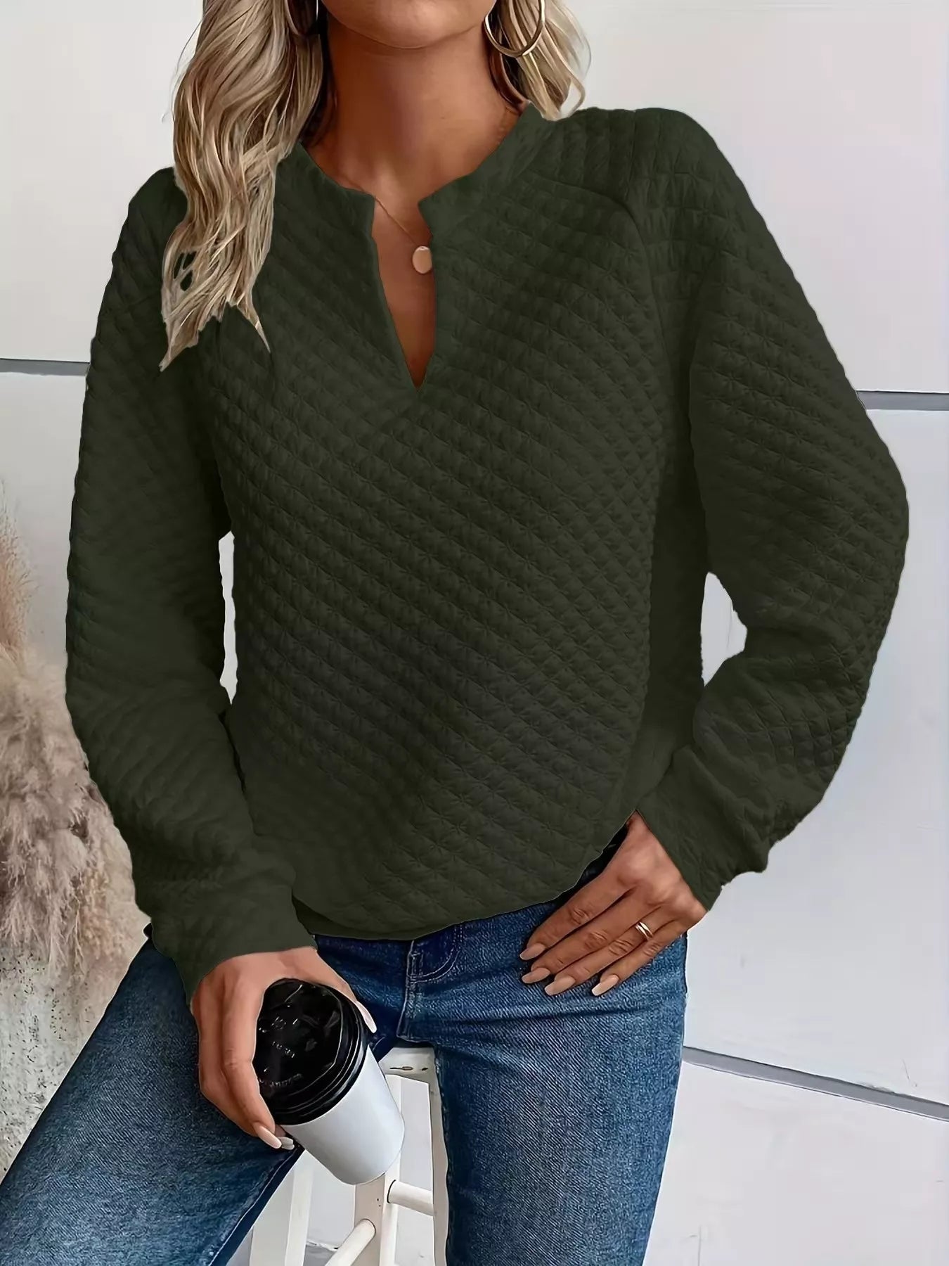 Textured Notched Raglan Sleeve Sweatshirt-tidenox
