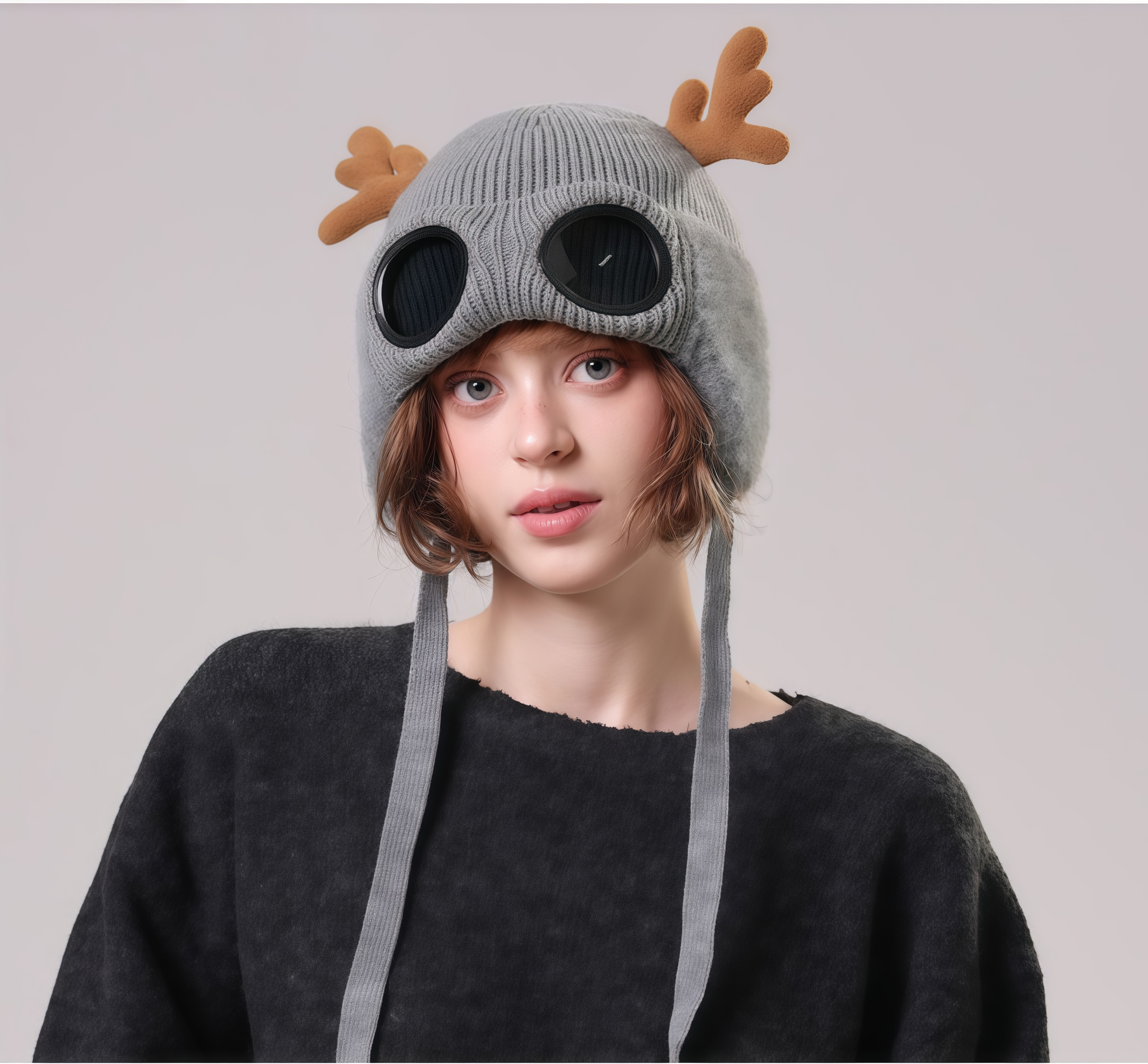 🔥🦋 Winter Knitted Deer Antler Aviator Hat with Goggles