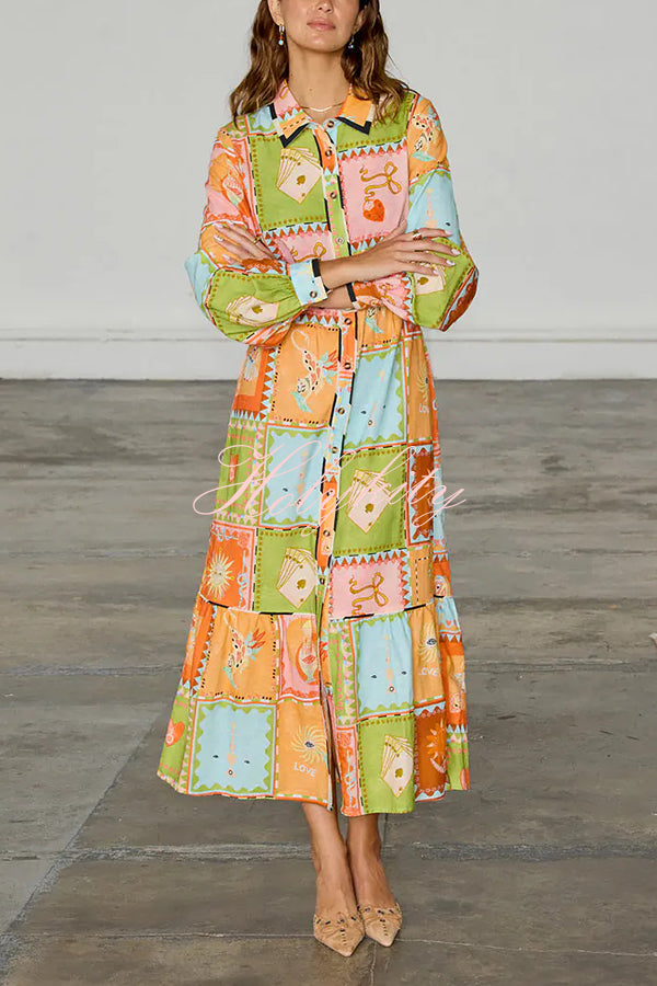 Linen Blend Unique Printed Long Sleeve Lapel Tie-waist Midi Dress-tidenox