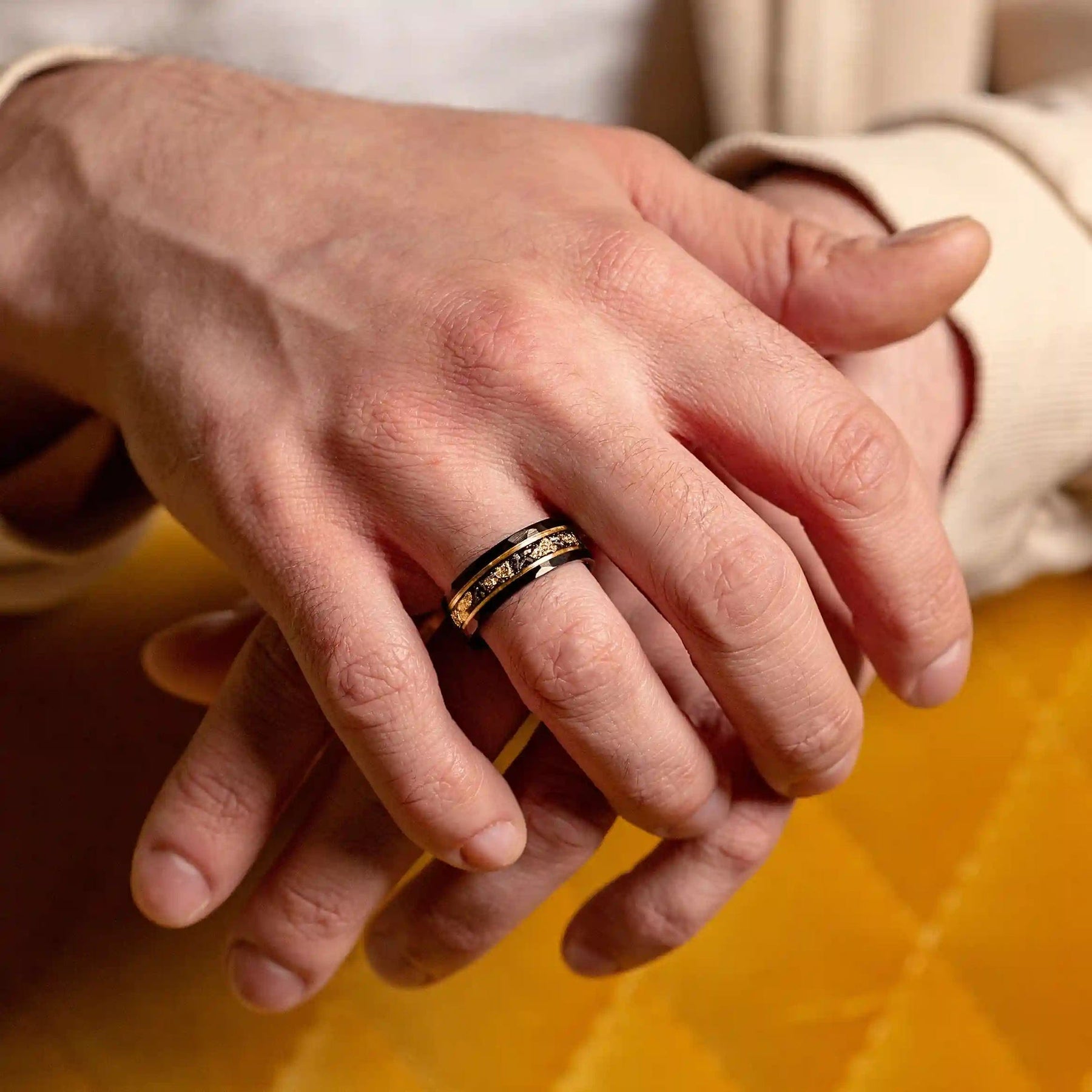 Orion Tungsten Ring with Gold Leaf and Black Meteorite Inlay-tidenox
