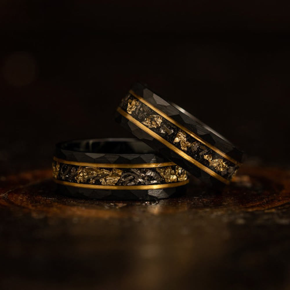 Orion Tungsten Ring with Gold Leaf and Black Meteorite Inlay-tidenox