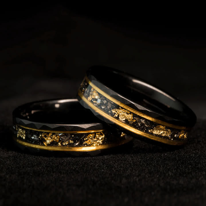 Orion Tungsten Ring with Gold Leaf and Black Meteorite Inlay-tidenox