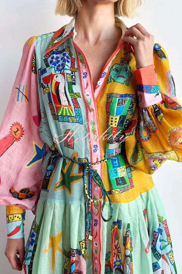 Set for Vacay Unique Print Colorblock Balloon Sleeve Belt Shirt Midi Dress-tidenox