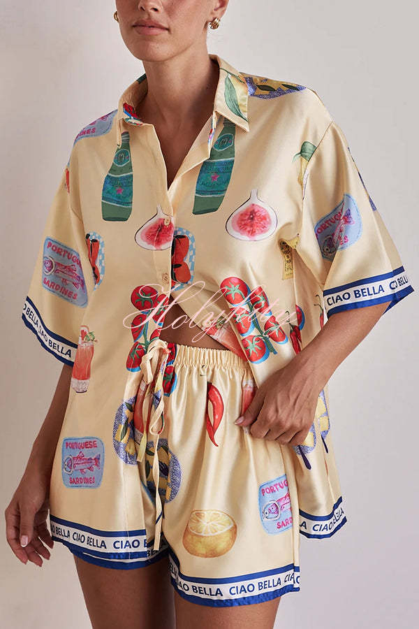 Kai Satin Unique Print Short Sleeve Shirt and Elastic Waist Drawstring Pocket Shorts Set-tidenox