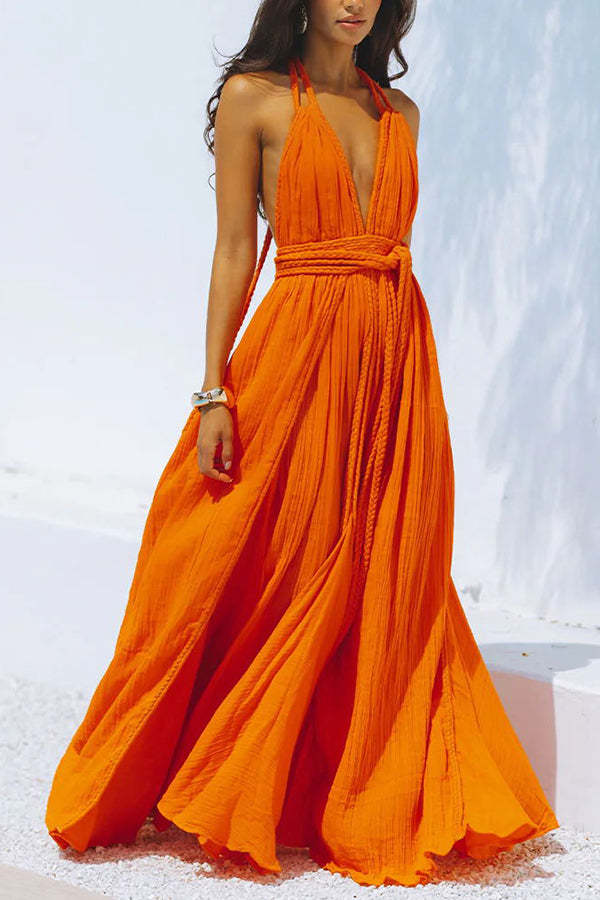 Summer Whispers Linen Blend Draped Braids Deep V-neck Halter Backless Cover Up Maxi Dress-tidenox