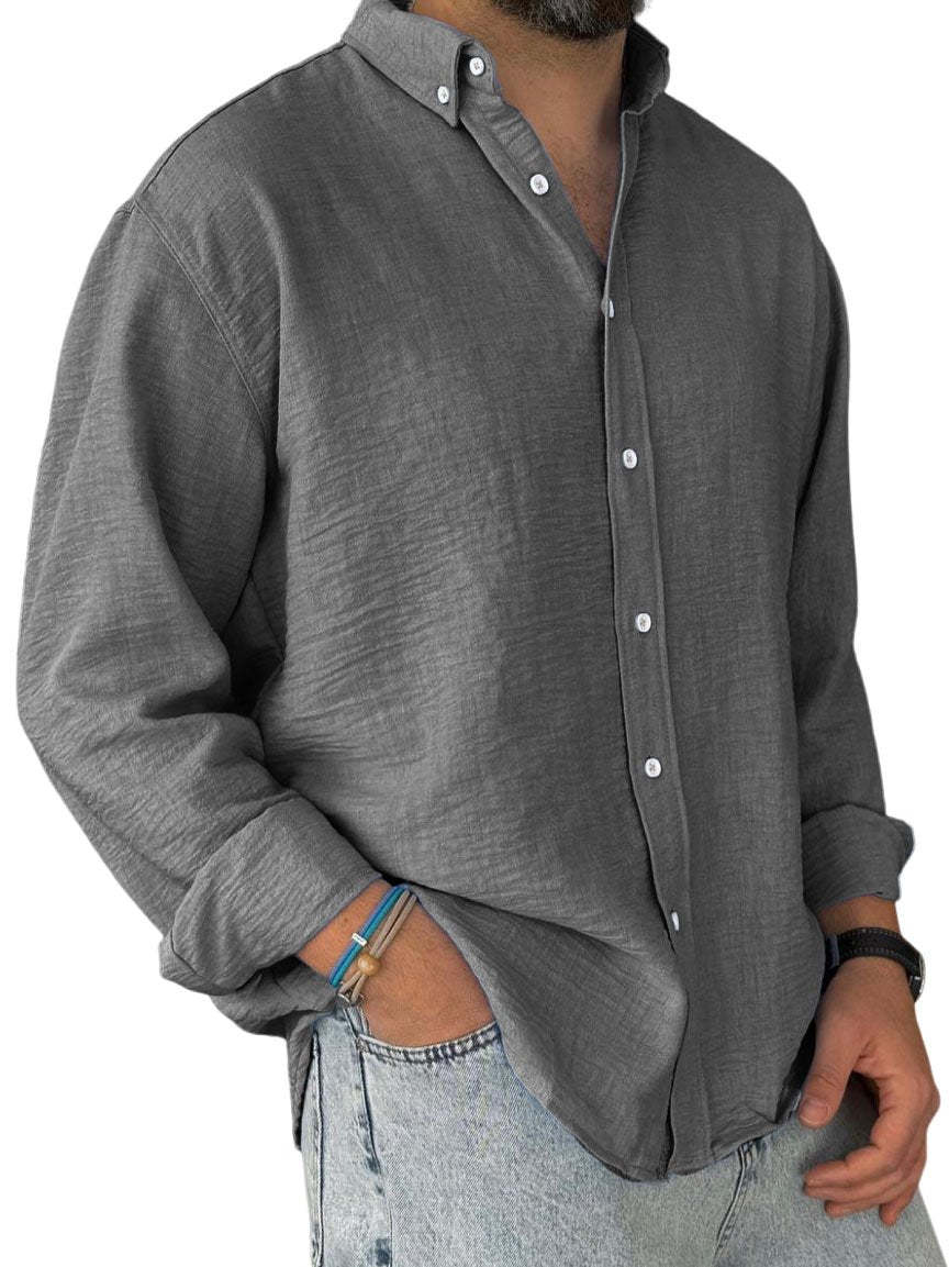 Men's Casual Simple Cotton Lapel Long-Sleeved Shirt-tidenox