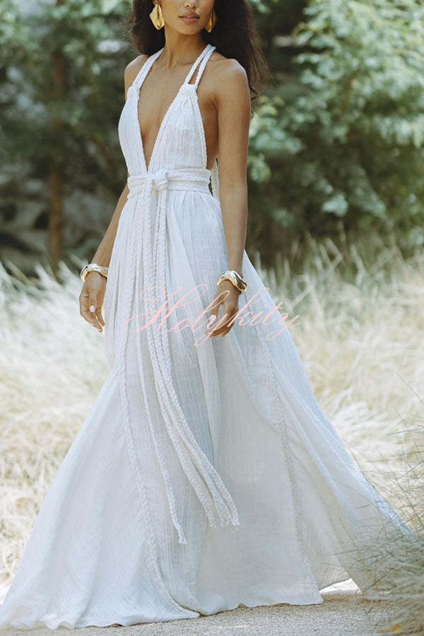 Summer Whispers Linen Blend Draped Braids Deep V-neck Halter Backless Cover Up Maxi Dress-tidenox