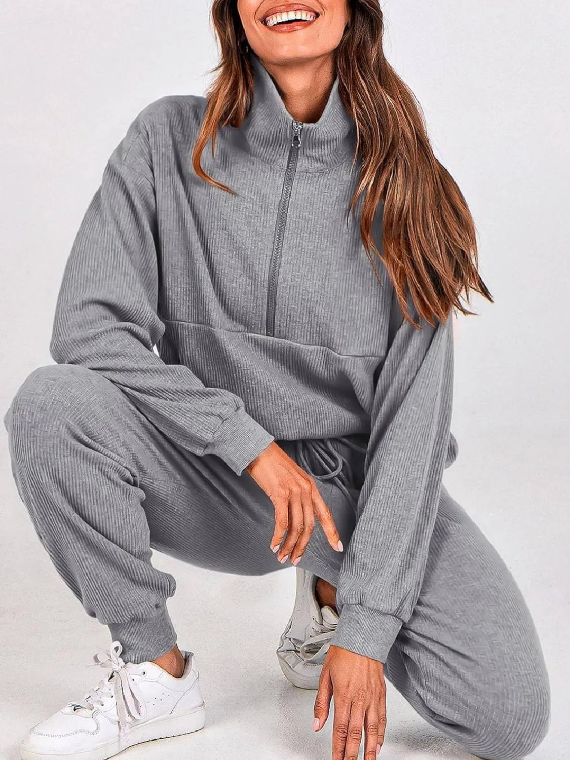 ⏰Hot Sale-Womens 2 Piece Long Sleeve Half Zip Pullover Fall Tracksuit Sweatsuits Set(Buy 2 Free Shipping)-tidenox