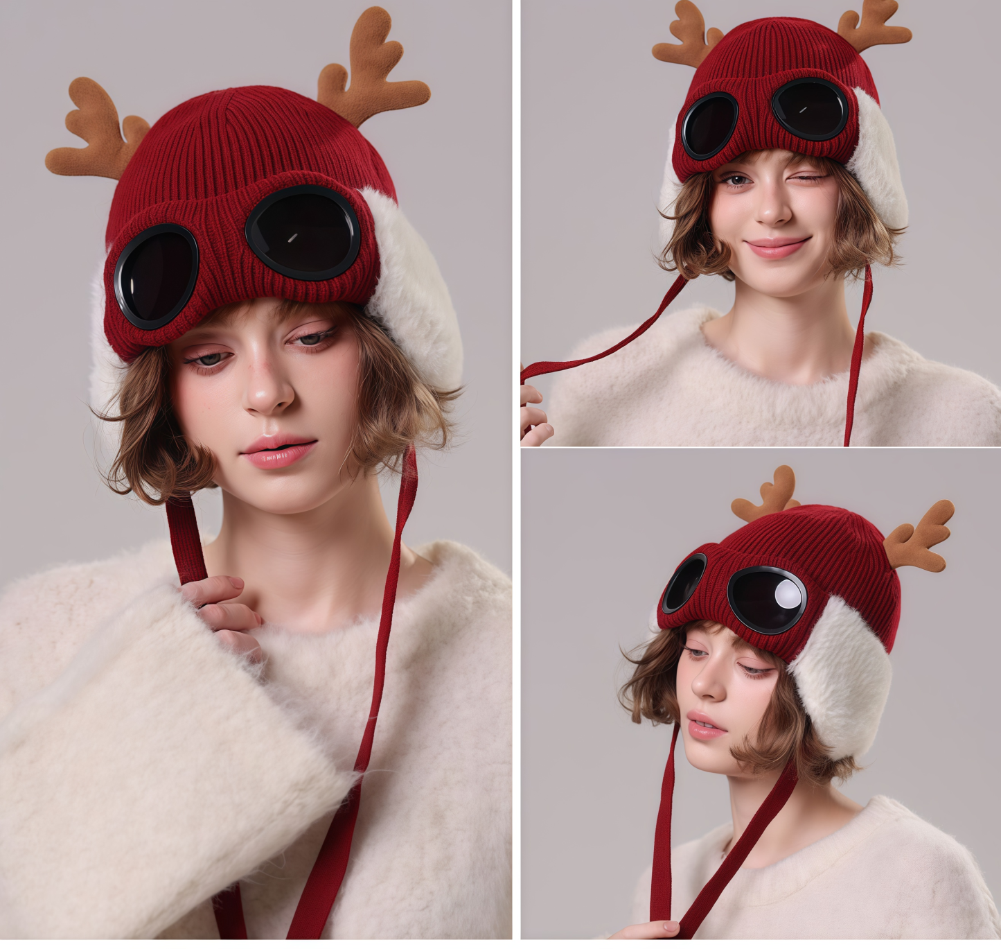 🔥🦋 Winter Knitted Deer Antler Aviator Hat with Goggles-tidenox