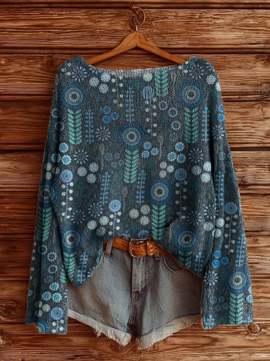 Women's Vintage Ethnic Floral Tattoo Pattern Art Print Casual Pullover Sweater-tidenox