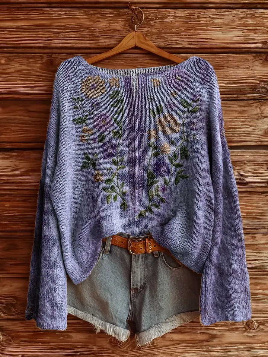 Women's Vintage Floral Art Print Casual Pullover Sweater