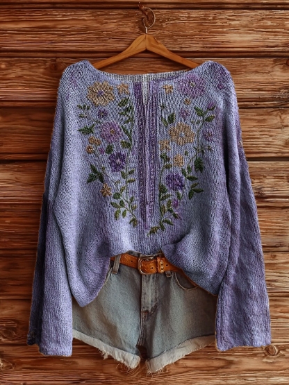 Women's Vintage Ethnic Floral Tattoo Pattern Art Print Casual Pullover Sweater-tidenox