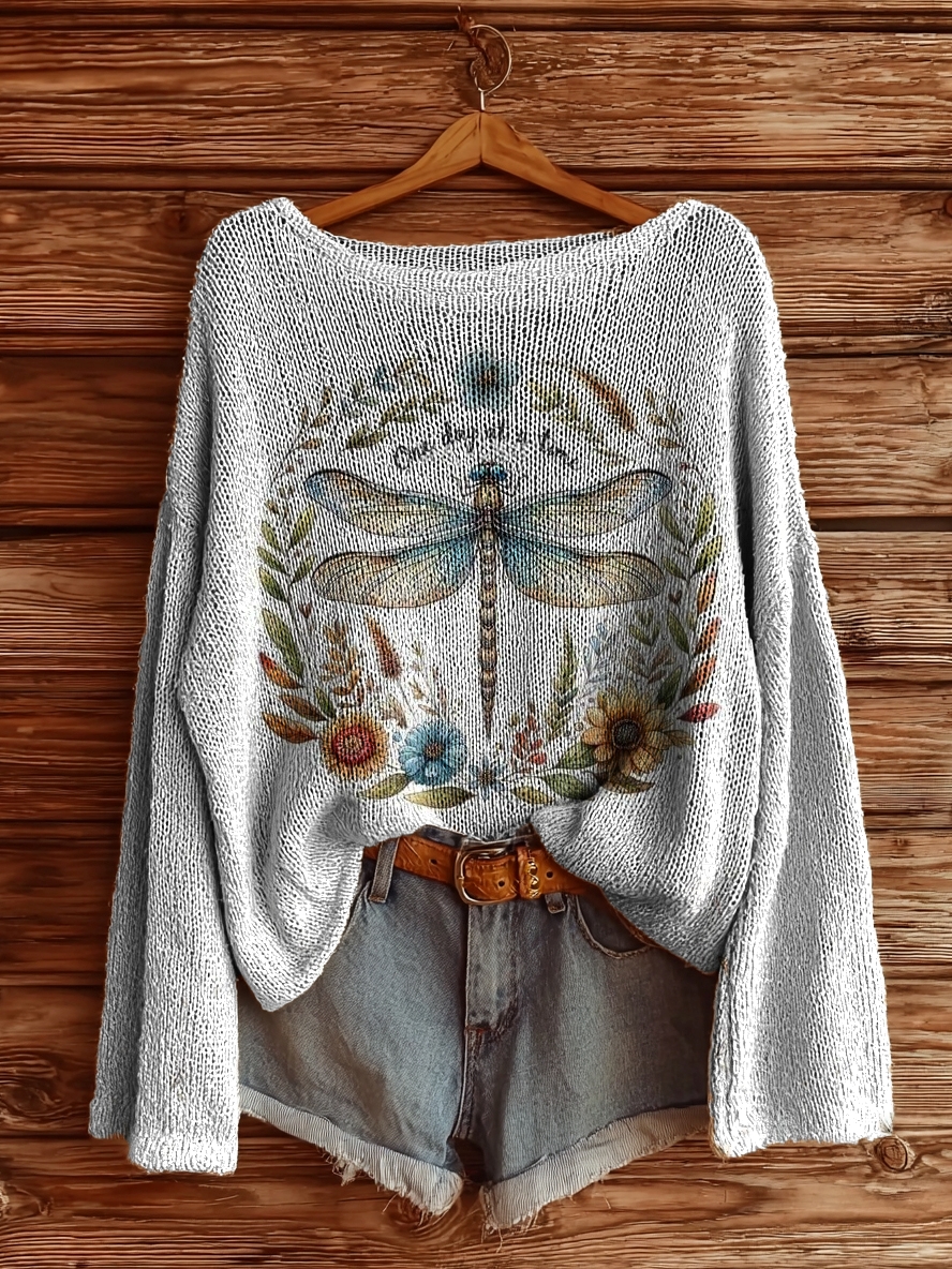 Women's Dragonfly Floral Art Print Casual Pullover Sweater-tidenox
