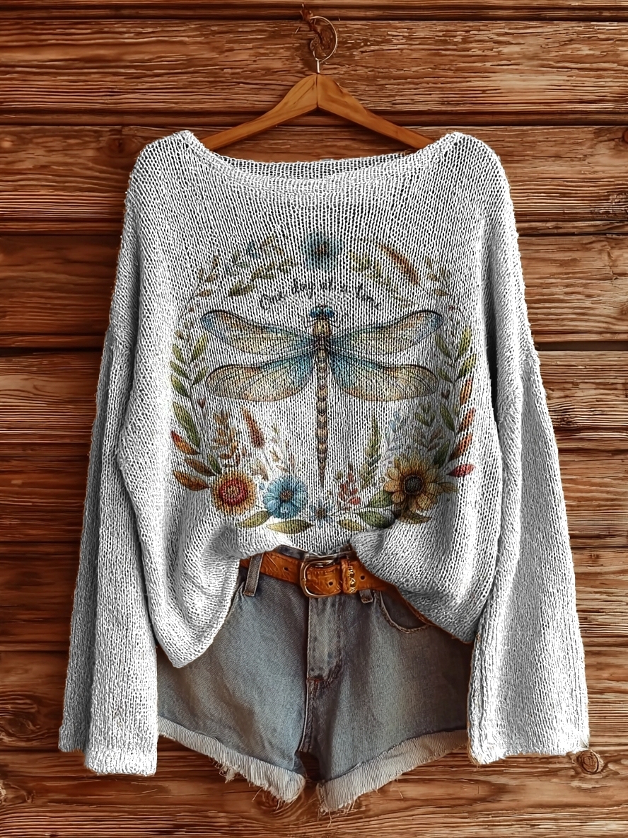 Women's Dragonfly Floral Art Print Casual Pullover Sweater-tidenox