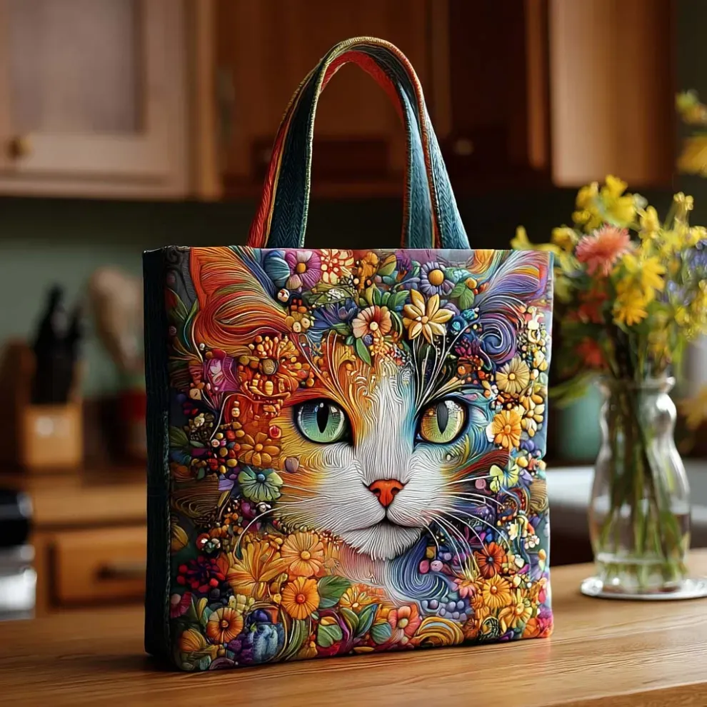 Blooming Whiskers Fantasy Quilted Tote ✨🐱🌸