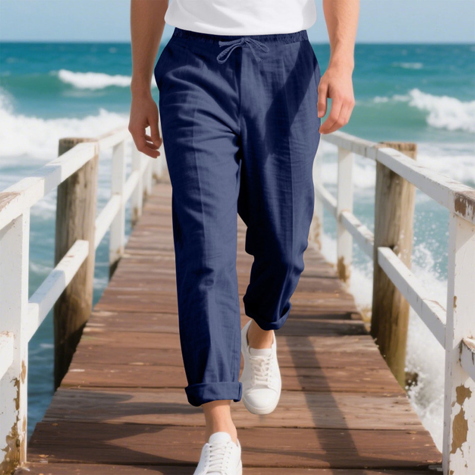 Men's linen trousers summer beach pants solid color comfortable breathable holiday leisure Hawaiian Bohemian style