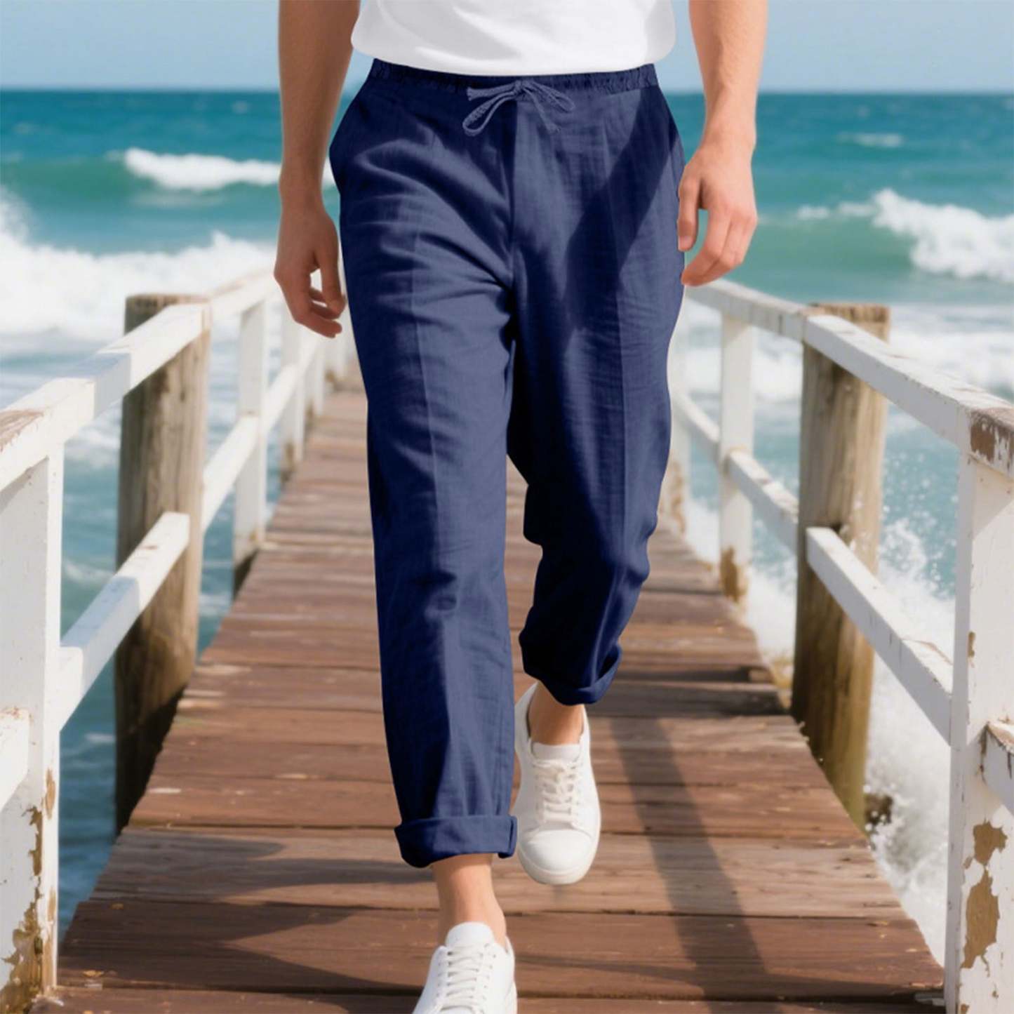 Men's linen trousers summer beach pants solid color comfortable breathable holiday leisure Hawaiian Bohemian style