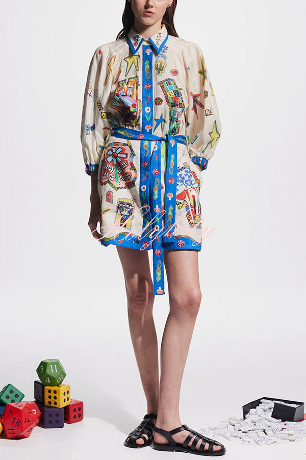 Linen Blend Unique Printed Balloon Sleeve Pocket Tie Waist Mini Dress-tidenox