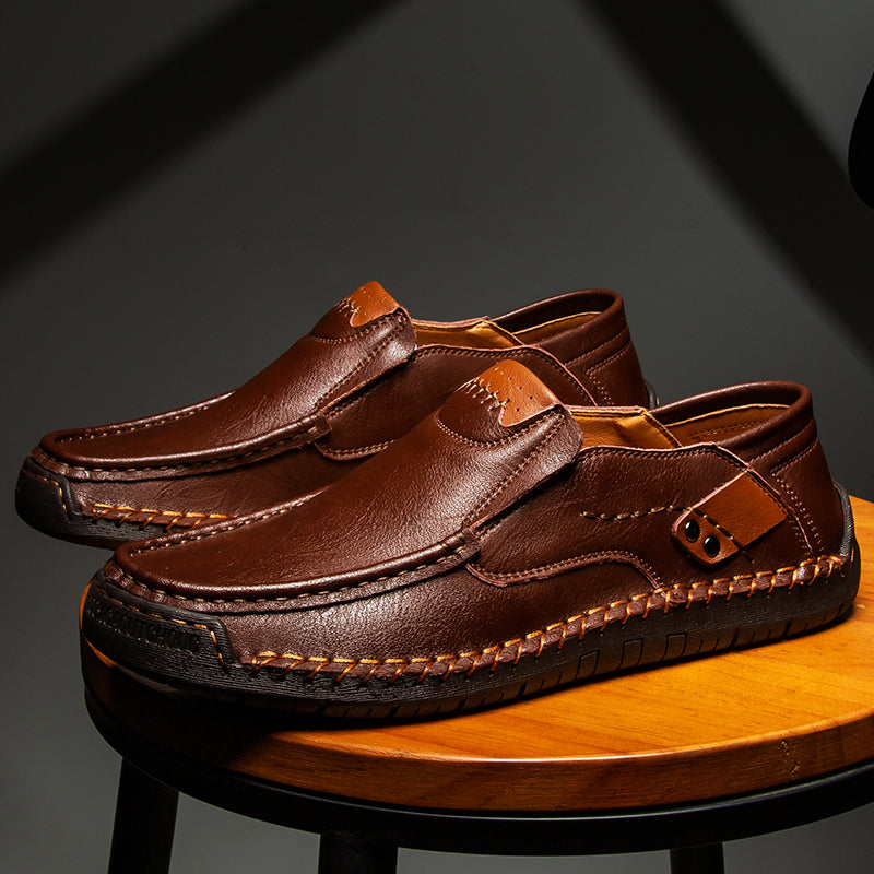 🐂 Men's calf leather casual shoes 👞 Hand-stitched, easy to put on and take off ✅ Arch support, pain relief - comfortable walking-tidenox