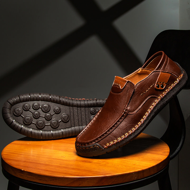 🐂 Men's calf leather casual shoes 👞 Hand-stitched, easy to put on and take off ✅ Arch support, pain relief - comfortable walking-tidenox