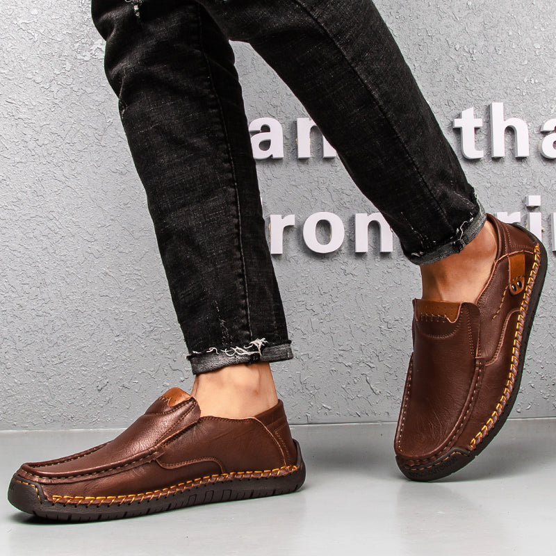 🐂 Men's calf leather casual shoes 👞 Hand-stitched, easy to put on and take off ✅ Arch support, pain relief - comfortable walking-tidenox