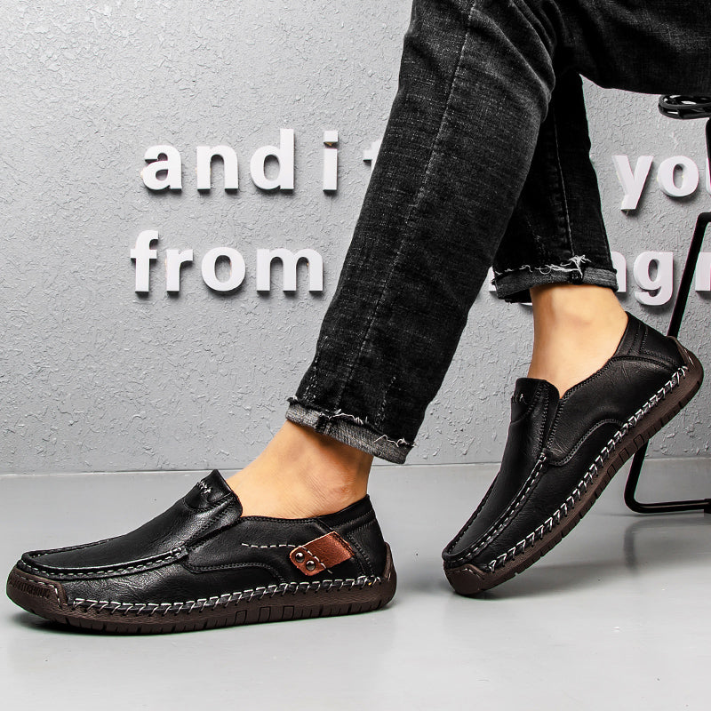 🐂 Men's calf leather casual shoes 👞 Hand-stitched, easy to put on and take off ✅ Arch support, pain relief - comfortable walking-tidenox