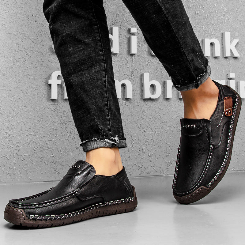 🐂 Men's calf leather casual shoes 👞 Hand-stitched, easy to put on and take off ✅ Arch support, pain relief - comfortable walking-tidenox