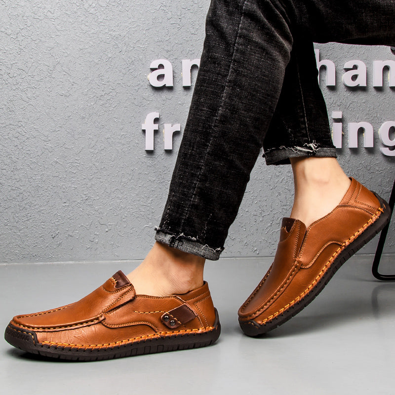 🐂 Men's calf leather casual shoes 👞 Hand-stitched, easy to put on and take off ✅ Arch support, pain relief - comfortable walking-tidenox