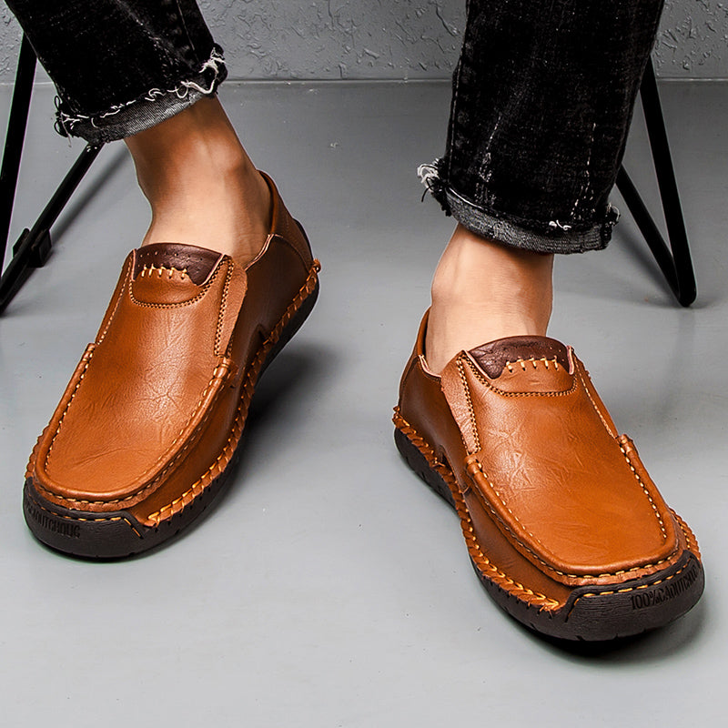 🐂 Men's calf leather casual shoes 👞 Hand-stitched, easy to put on and take off ✅ Arch support, pain relief - comfortable walking-tidenox