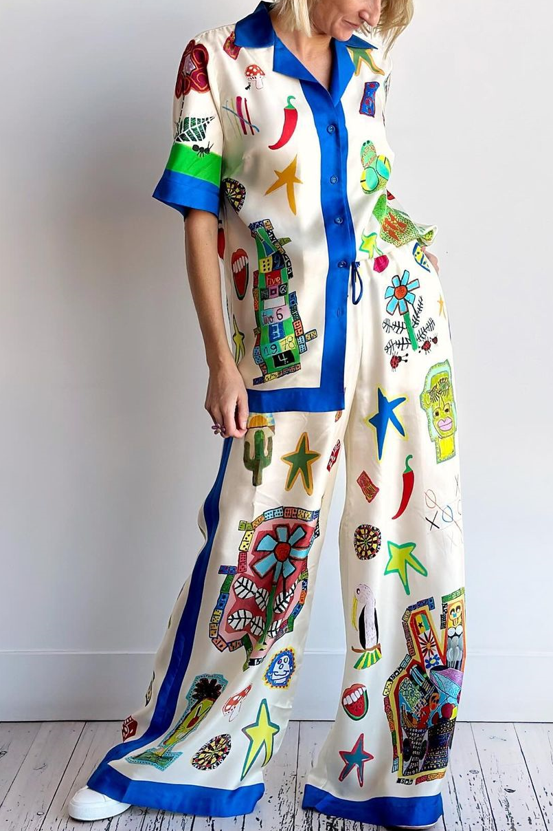 Vibrant Beach Satin Unique Print Colorblock Trim Button Down Oversized Blouse-tidenox