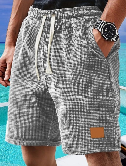 Men's Waffle Shorts Casual Shorts with Pockets, Elastic Waistband, Flat Front