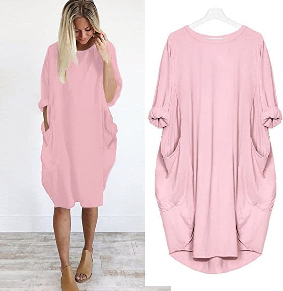 💝17 Colors Women Casual Loose Pocket Long Sleeves Dress-tidenox