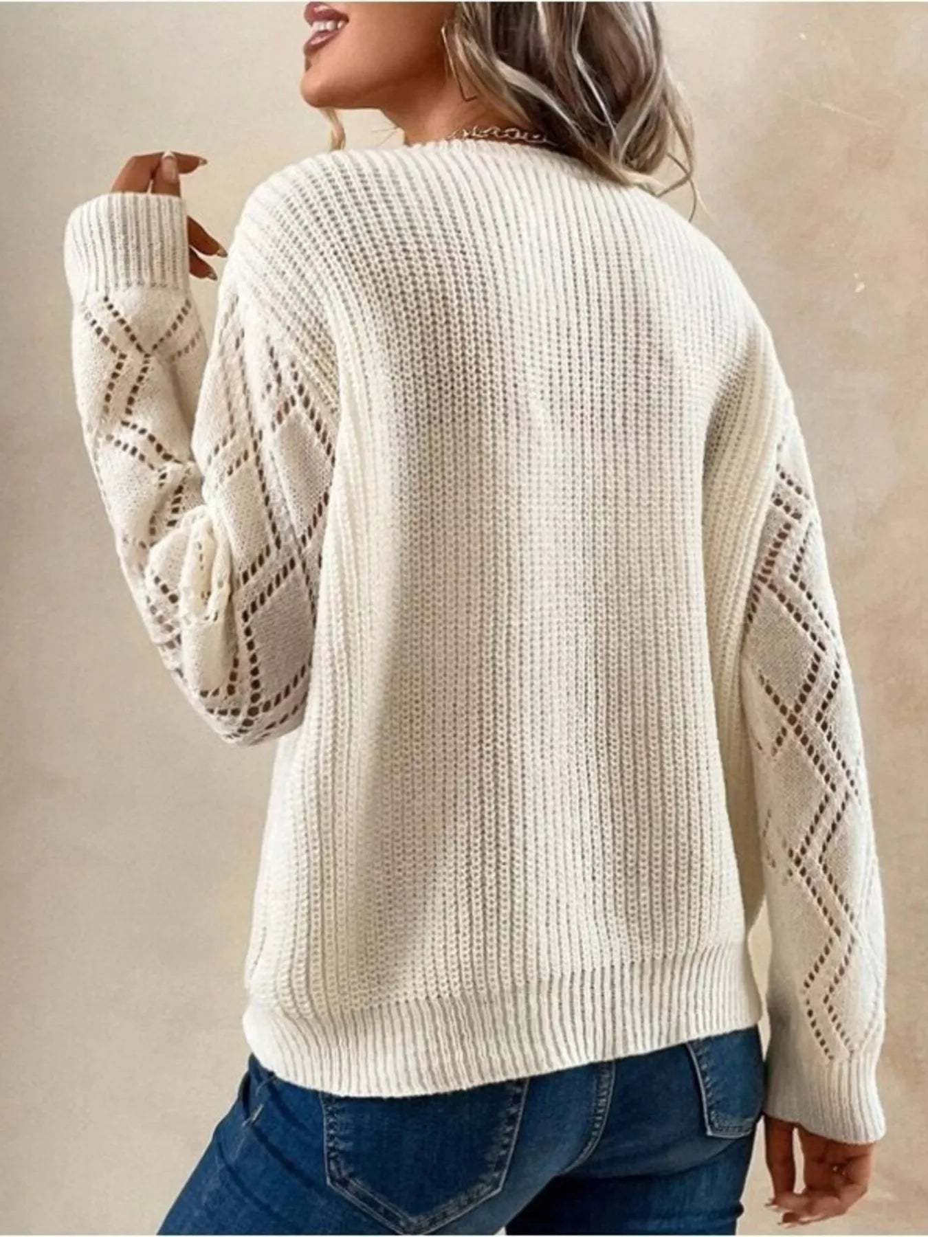 Openwork V-Neck Long Sleeve Sweater-tidenox