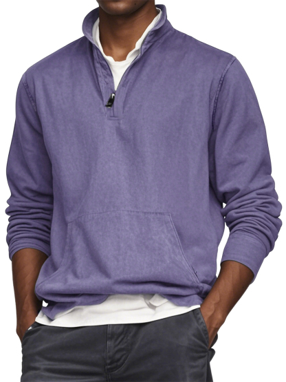 Men's Quarter Zip Pocket Washed Distressed Vintage Long Sleeve T-shirt-tidenox