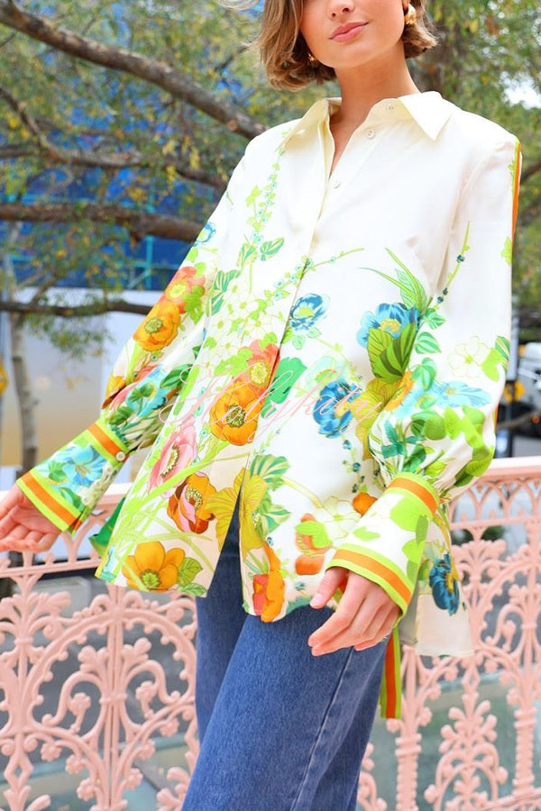 Antibes Satin Floral Print Back Tie-up Button Down Oversized Blouse-tidenox