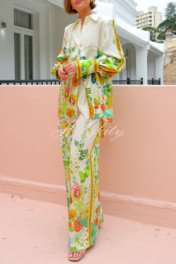 Marielle Satin Floral Print Back Elastic Waist Pocketed Wide Leg Pants-tidenox