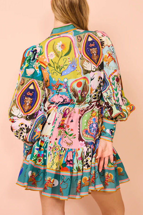 Touch of Luxury Unique Print Balloon Sleeve Button Shirt Mini Dress-tidenox