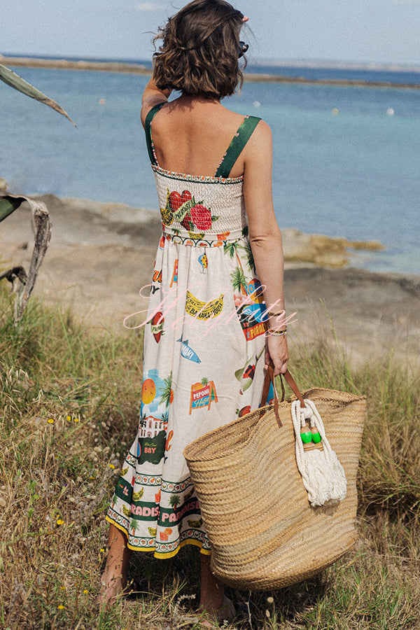 Summer Vibes Linen Blend Unique Print Smocked Belt Midi Dress-tidenox
