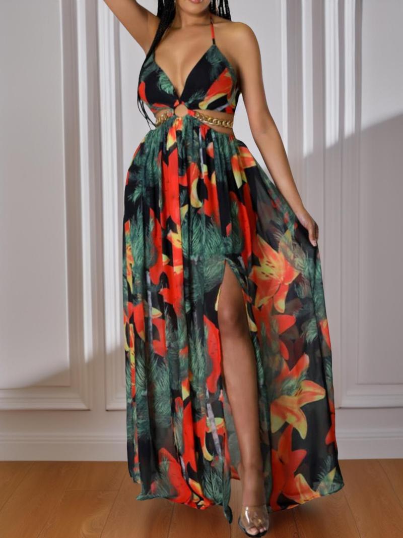 Women's Floral Print Chain Decor Split Thigh Dress-tidenox
