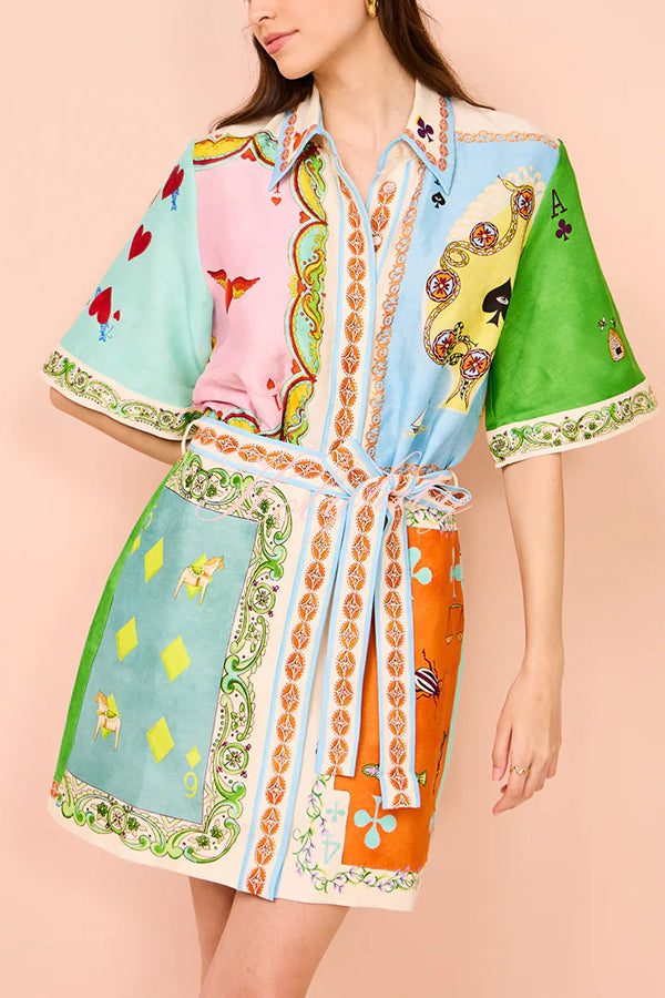 Linen Blend Unique Printed Short Sleeved Pocket Tie Waist Mini Dress(One Size Up)-tidenox