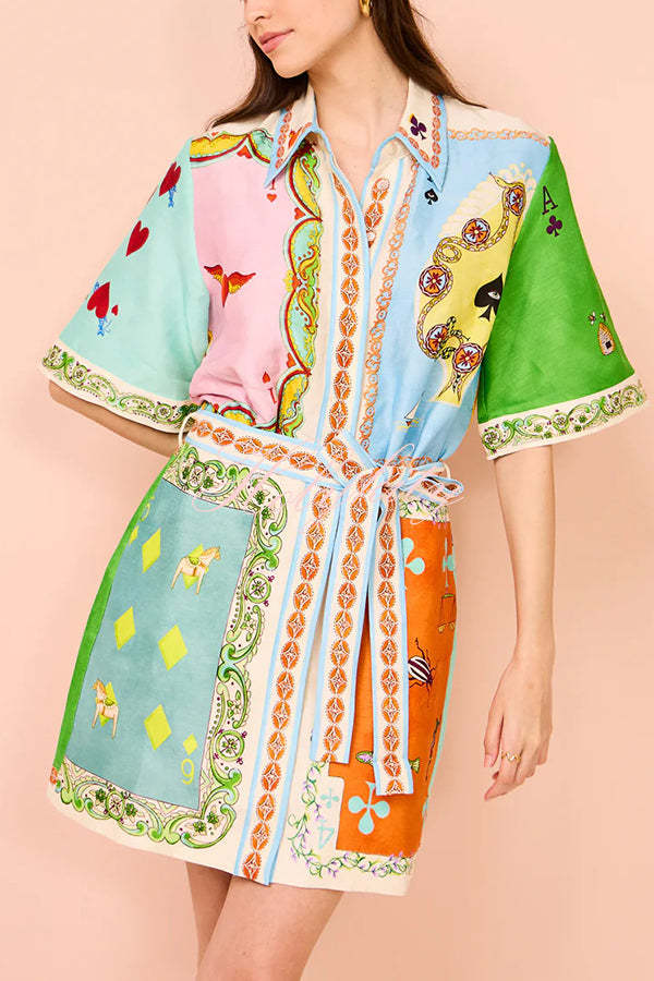 Linen Blend Unique Printed Short Sleeved Pocket Tie Waist Mini Dress(One Size Up)-tidenox