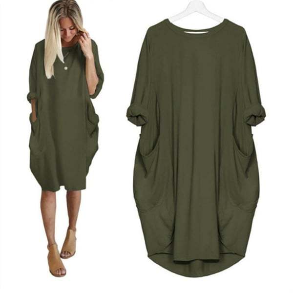 💝17 Colors Women Casual Loose Pocket Long Sleeves Dress-tidenox