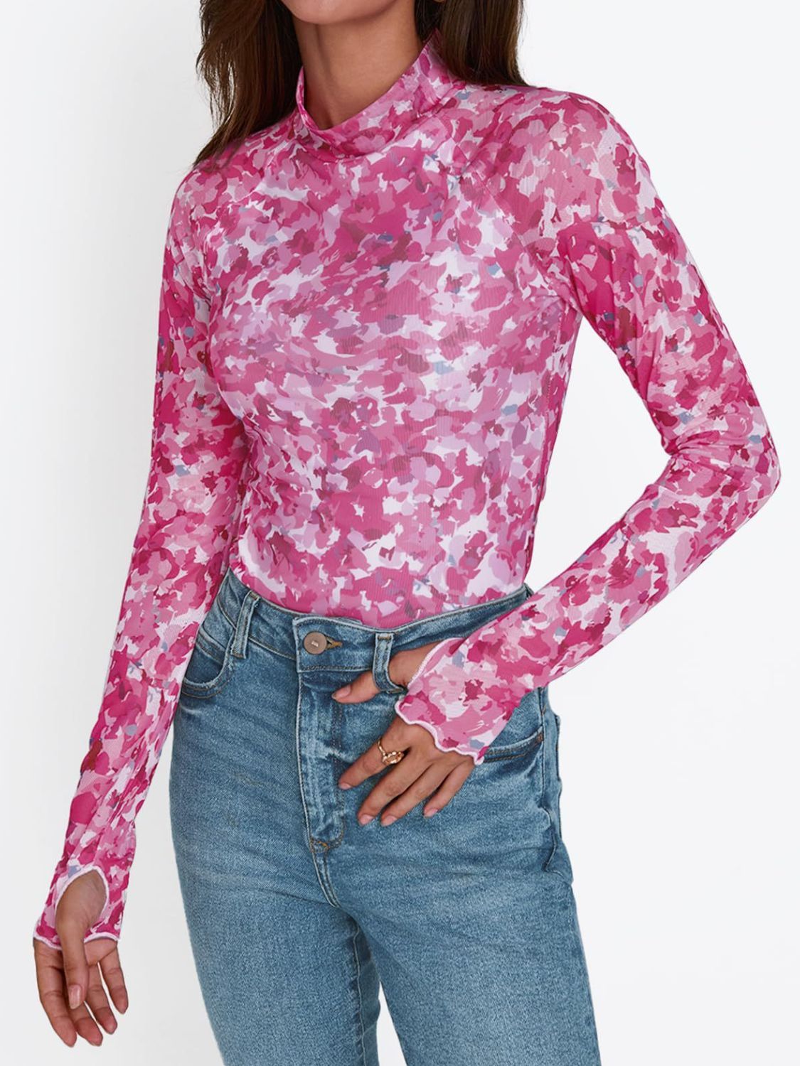 Floral Mock Neck Long Sleeve T-Shirt