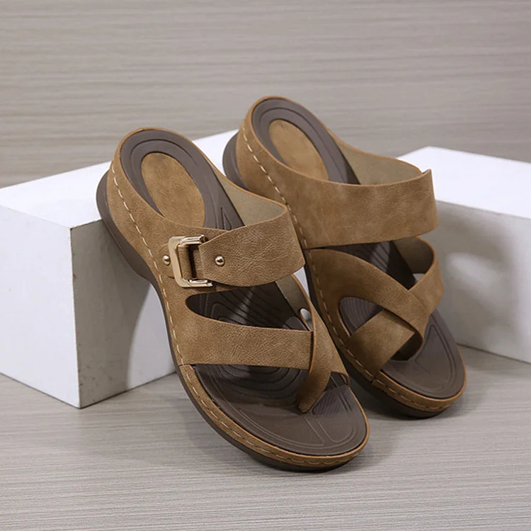 LAST DAY 70% OFF-Women's Orthopedic Wedge Wide Toe Arch Support Leather Sandals-tidenox