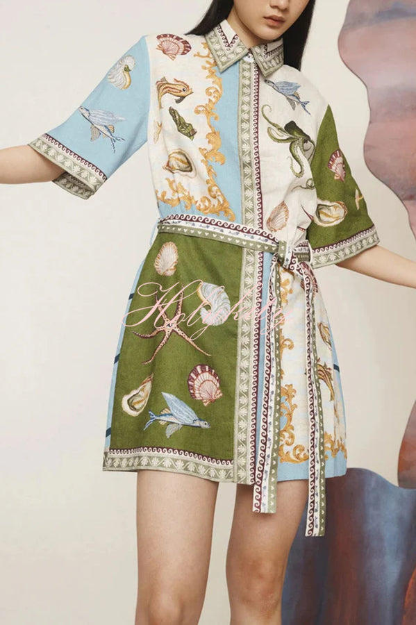 Deep Sea Dreaming Linen Blend Unique Print Tie-up Pocketed Shirt Mini Dress-tidenox