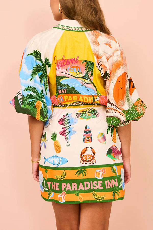 Summer Sophistication Linen Blend Unique Print Belted Pocket Shirt Mini Dress-tidenox