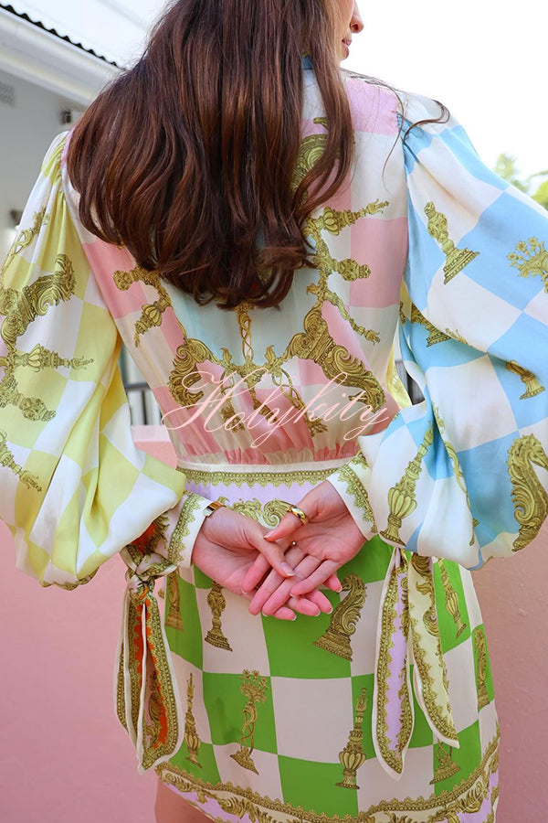Vacay Mode Satin Unique Print Tie-up Design Wrap Mini Dress-tidenox