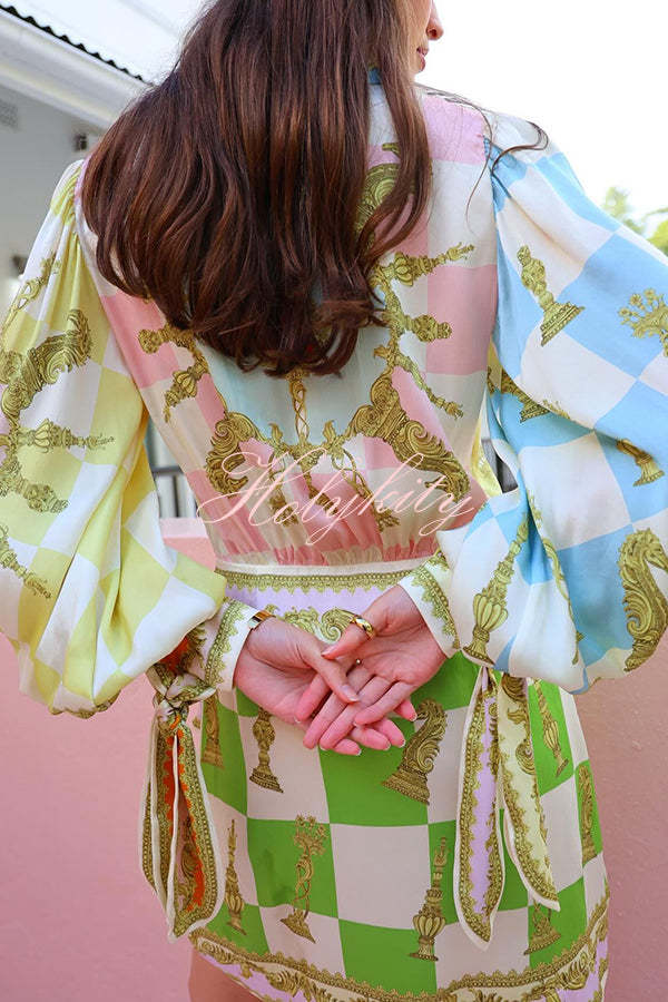 Vacay Mode Satin Unique Print Tie-up Design Wrap Mini Dress-tidenox