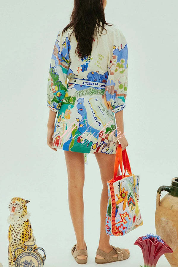 Phebe Linen Blend Unique Print Pocket Waist Tie Mini Dress-tidenox