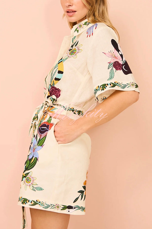 Iconic Shailene Satin Unique Floral Print Pocket Tie-waist Mini Dress-tidenox